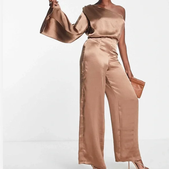 River Island Satin One-Shoulder Bronze Jumpsuit - Picture 3 of 12